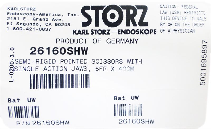 Storz 26160SHW Semi-Rigid Pointed Scissors, 5Fr X 40cm, S/A - Semi-Rigid Forceps | CincyMed