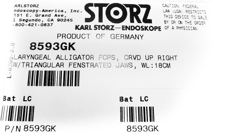 Storz Laryngeal Alligator Forceps, Curved Up Right | 8593GK | CincyMed